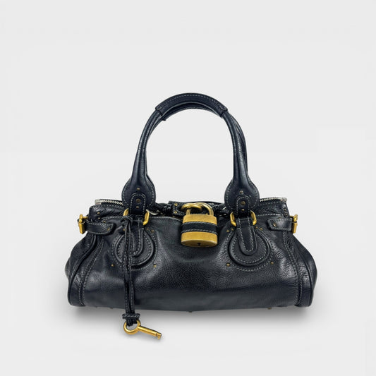 Paddington Shoulder Bag in Black Leather with Gold Hardware