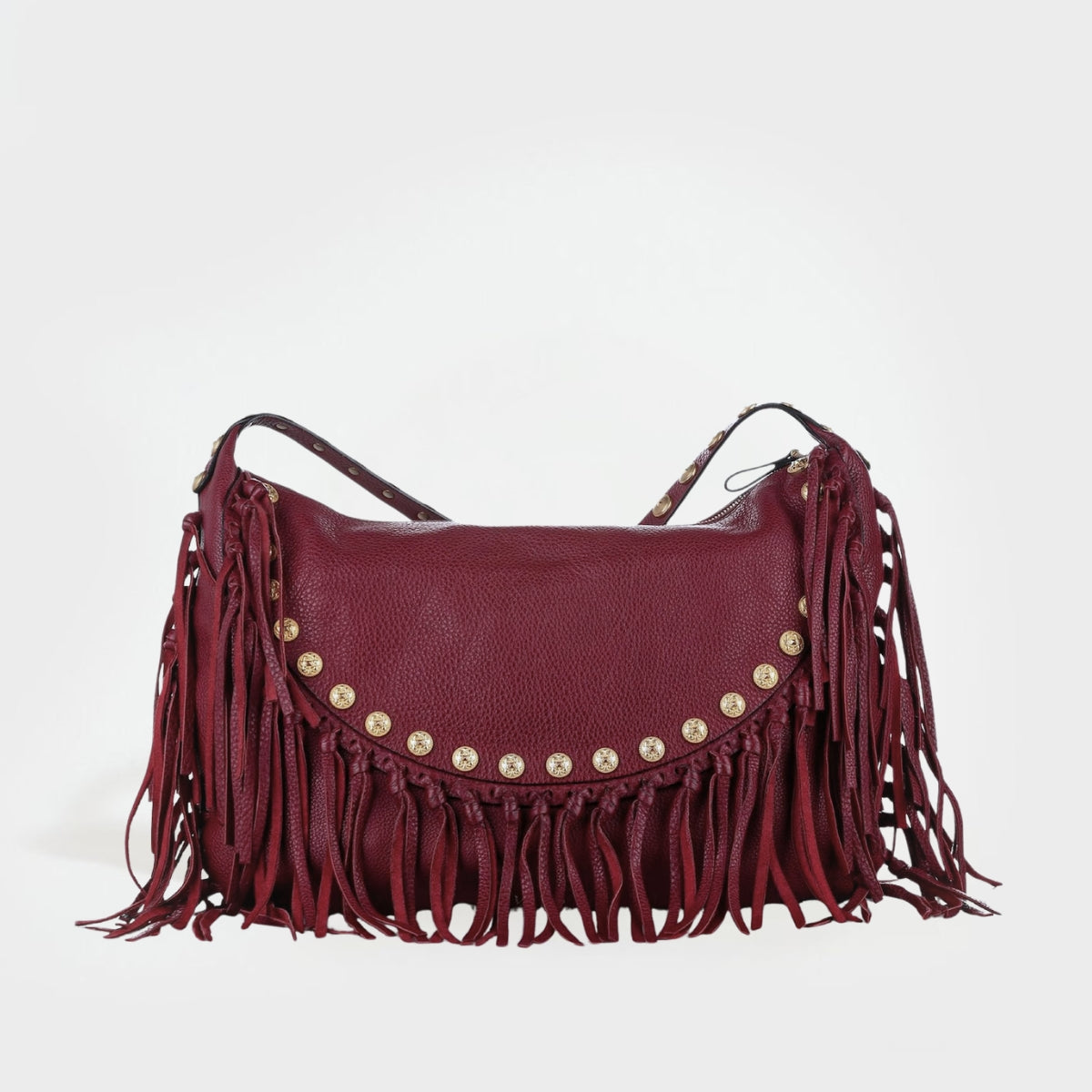 C-Rockee Studded Fringe Hobo in Burgundy Leather