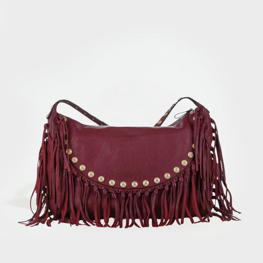 C-Rockee Studded Fringe Hobo in Burgundy Leather