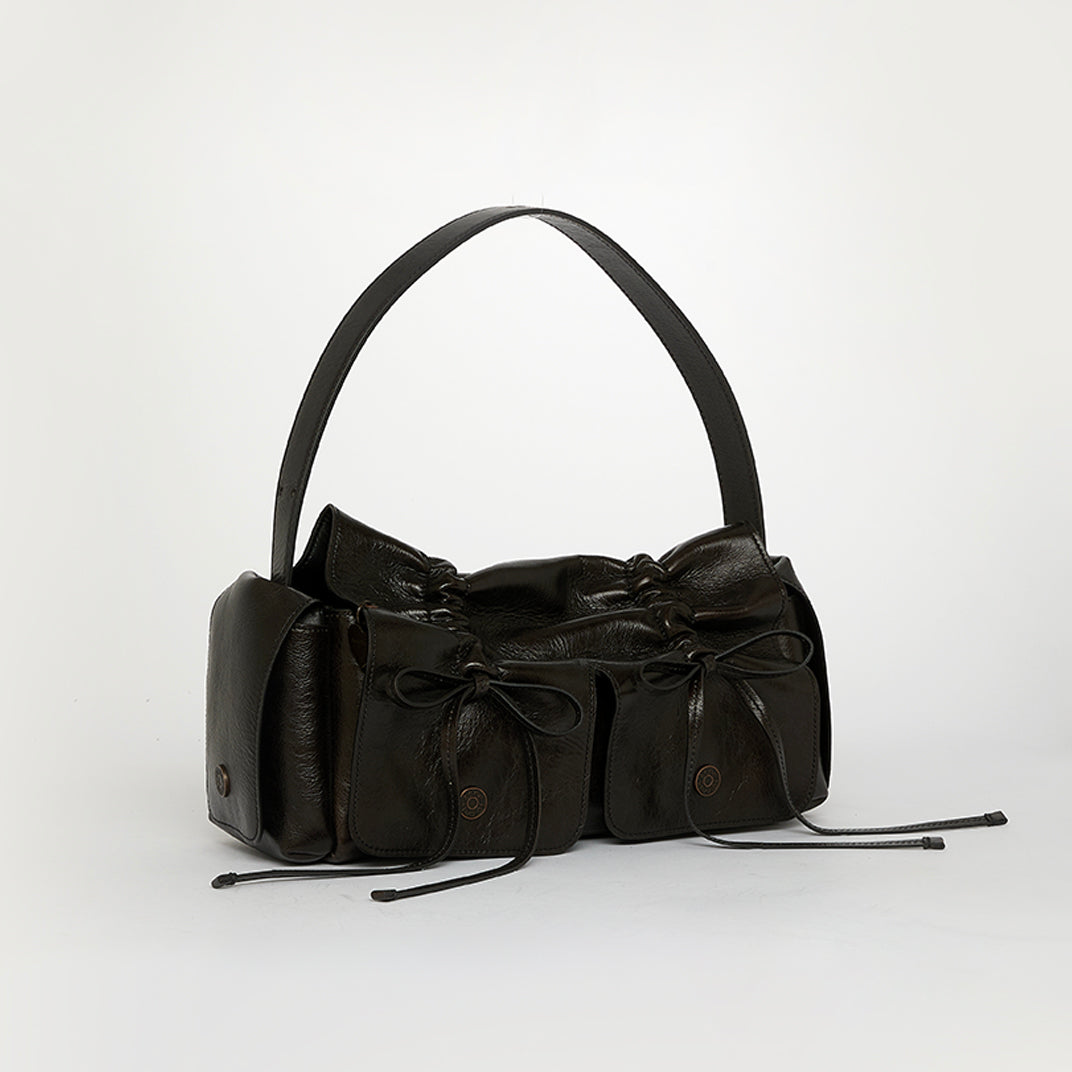 Multi Pocket Bow Bag in Dark Brown with Charms