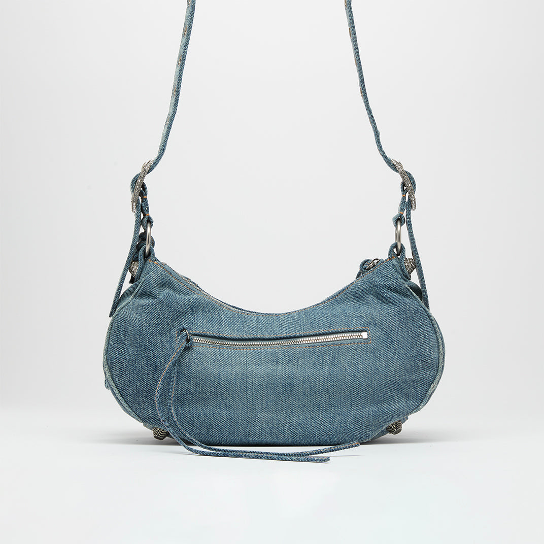 Le Cagole Denim Shoulder Bag with Crystal Stud Embellishment