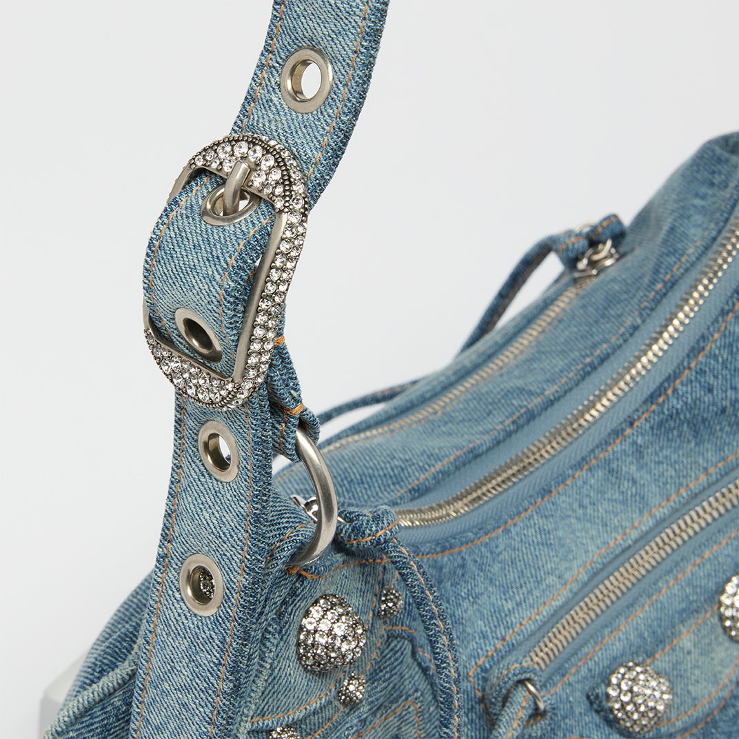 Le Cagole Denim Shoulder Bag with Crystal Stud Embellishment