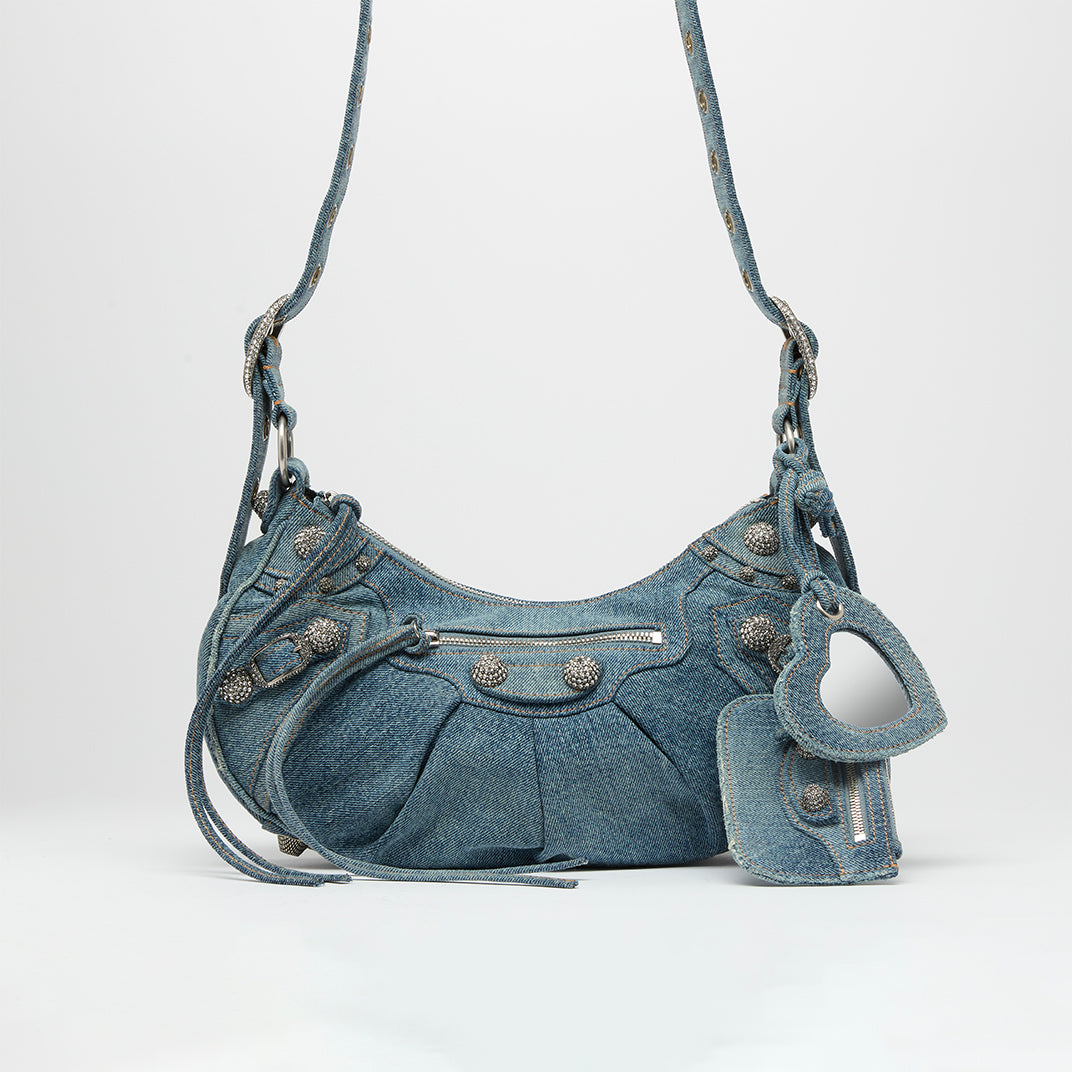 Le Cagole Denim Shoulder Bag with Crystal Stud Embellishment