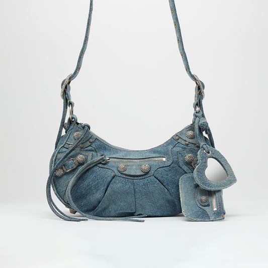 Le Cagole Denim Shoulder Bag with Crystal Stud Embellishment