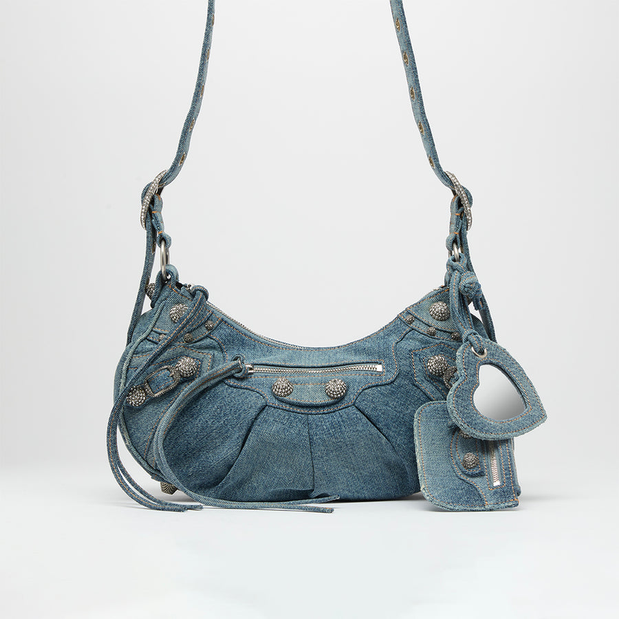 Le Cagole Denim Shoulder Bag with Crystal Stud Embellishment