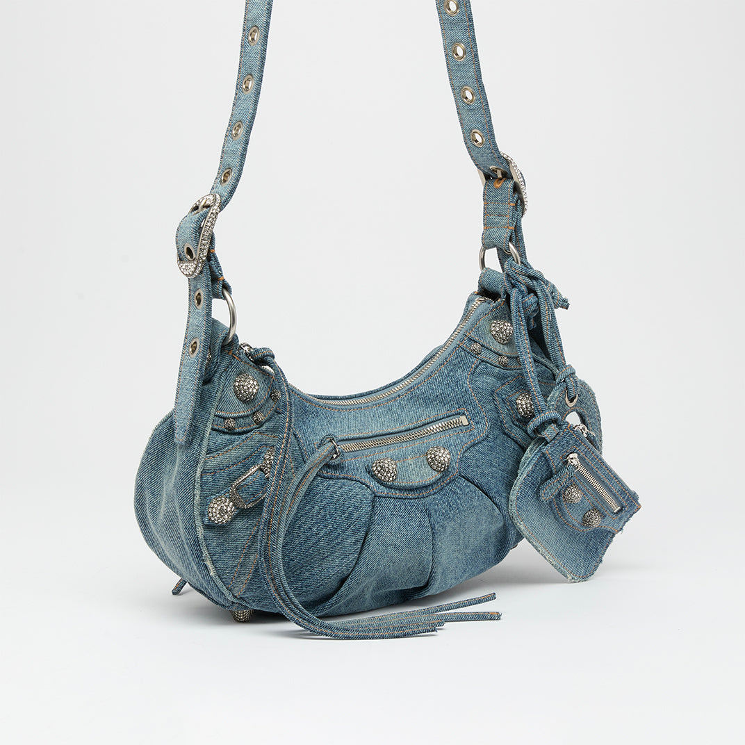 Le Cagole Denim Shoulder Bag with Crystal Stud Embellishment