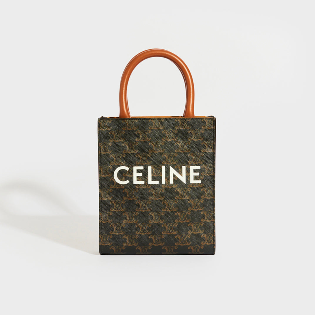 Mini Vertical Triomphe Cabas Tote in Brown Canvas