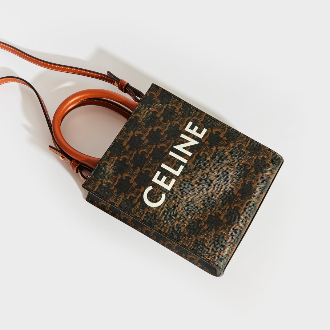 Mini Vertical Triomphe Cabas Tote in Brown Canvas