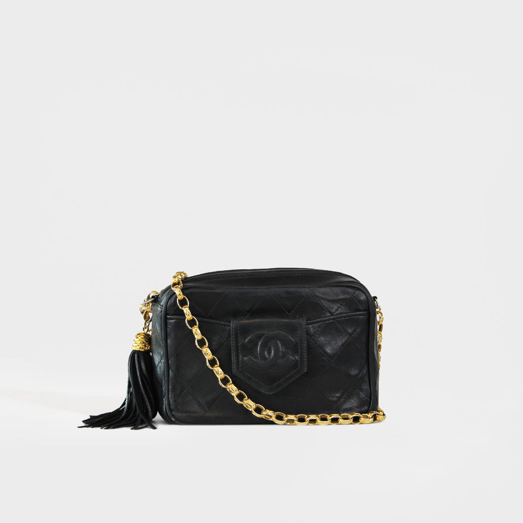 Chanel Vintage Black Matelasse Quilted Lambskin Leather Large CC Logo –  Amarcord Vintage Fashion