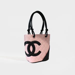 CHANEL Cambon Ligne Diamond Quilted Tote Bag in Pink with Black 2004 - 2005
