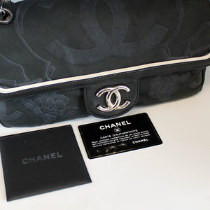 CHANEL Camelia Canvas Single Flap Double Chain Bag in Black with White Leather Trim 2008 - 2009 [ReSale]