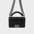 Small Top Handle Chain Around Boy Bag in Black Calfskin Leather