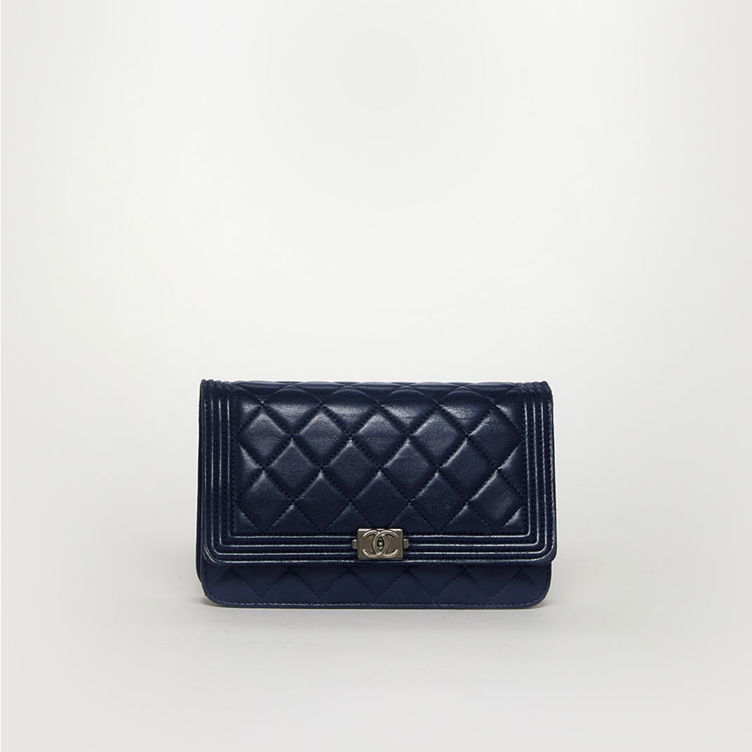 Boy Wallet On Chain in Navy Blue Lambskin Leather