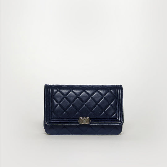Boy Wallet On Chain in Navy Blue Lambskin Leather