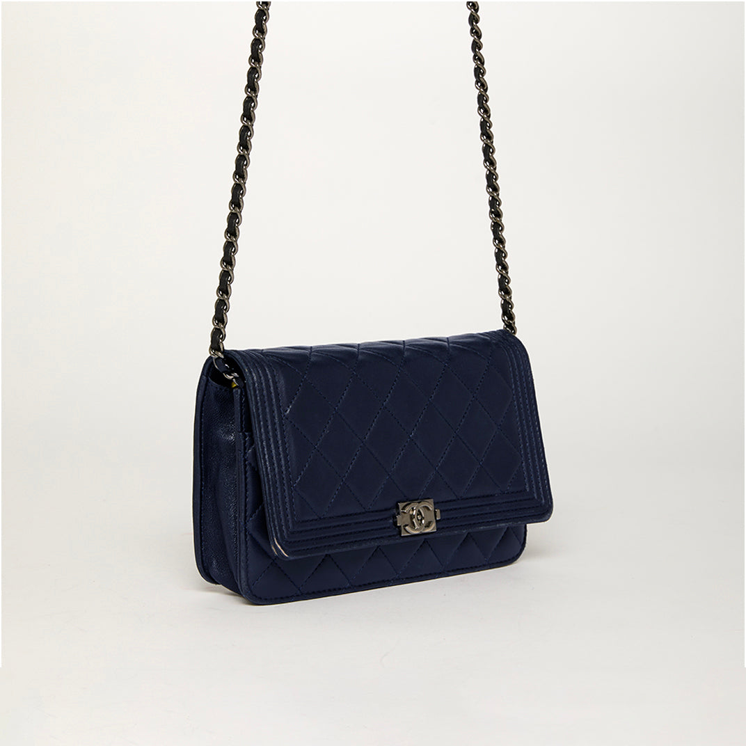 Boy Wallet On Chain in Navy Blue Lambskin Leather