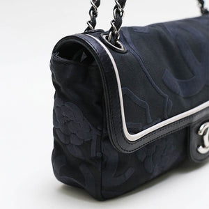 CHANEL Camelia Canvas Single Flap Double Chain Bag in Black with White Leather Trim 2008 - 2009 [ReSale]