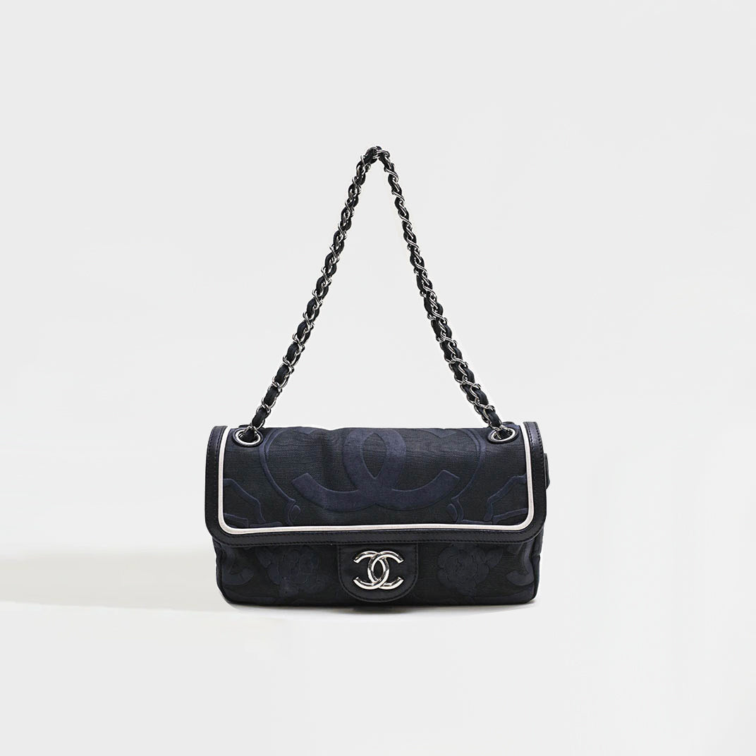Camelia Canvas Single Flap Double Chain Bag in Black with White Leather Trim 2008 - 2009 [ReSale]
