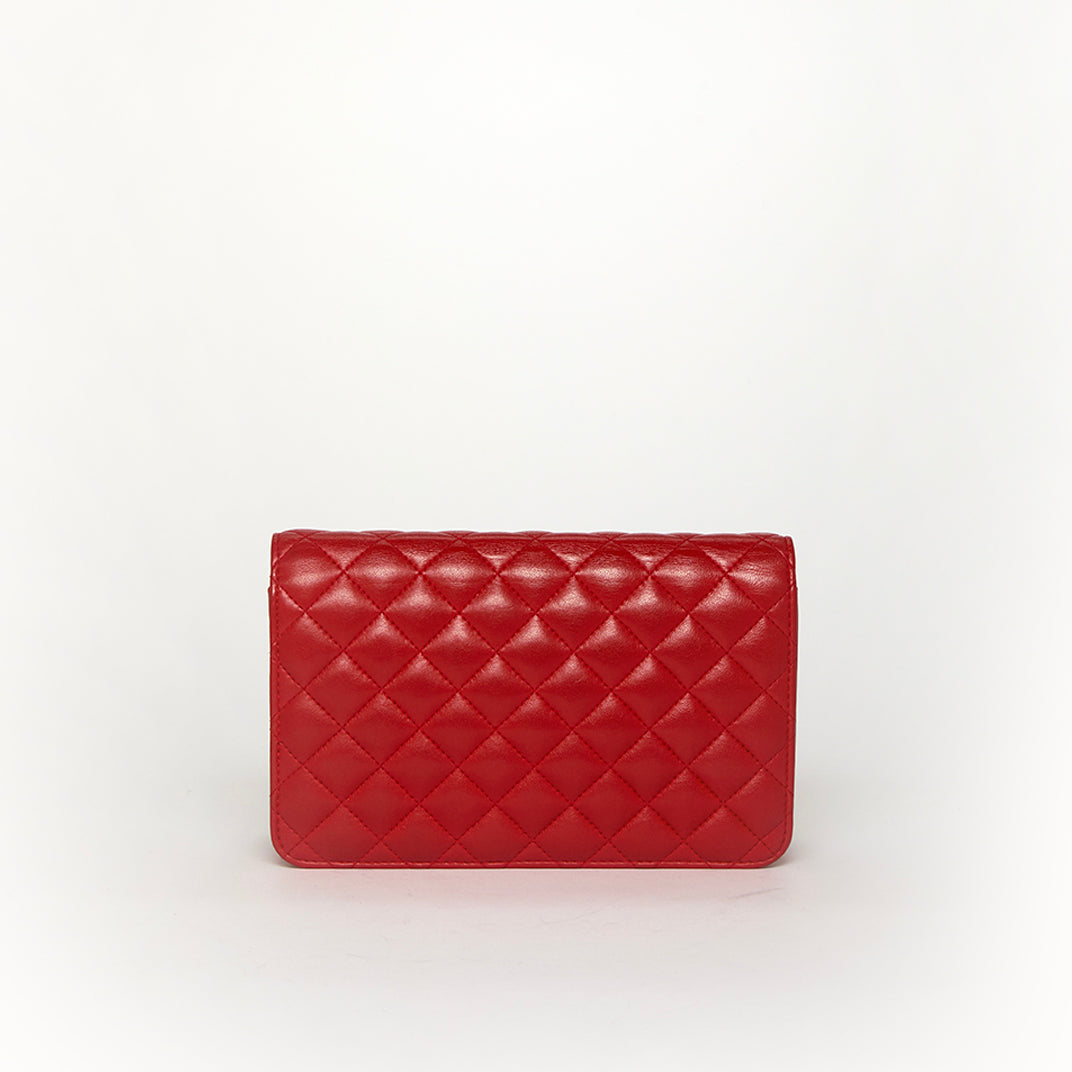 Diamond CC Wallet on Chain in Red Lambskin Leather