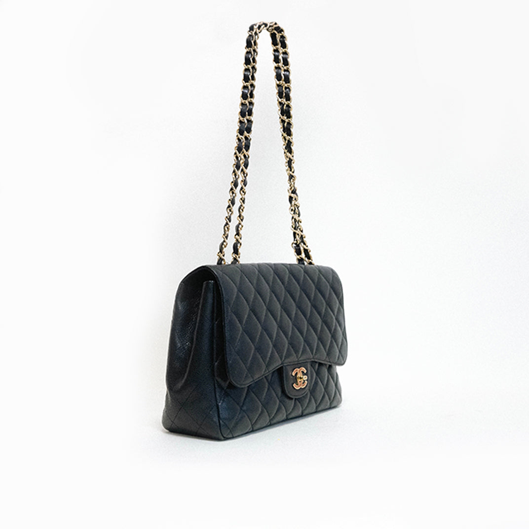 Jumbo Classic Single Flap in Black Caviar Leather with Gold Hardware