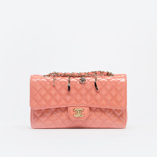 Limited Edition Ginza 5th Anniversary Medium Classic Lucky Charms Single Flap Shoulder Bag in Patent Coral Leather
