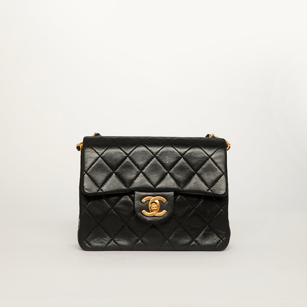 Mini Square Classic Single Flap Shoulder Bag in Black Lambskin
