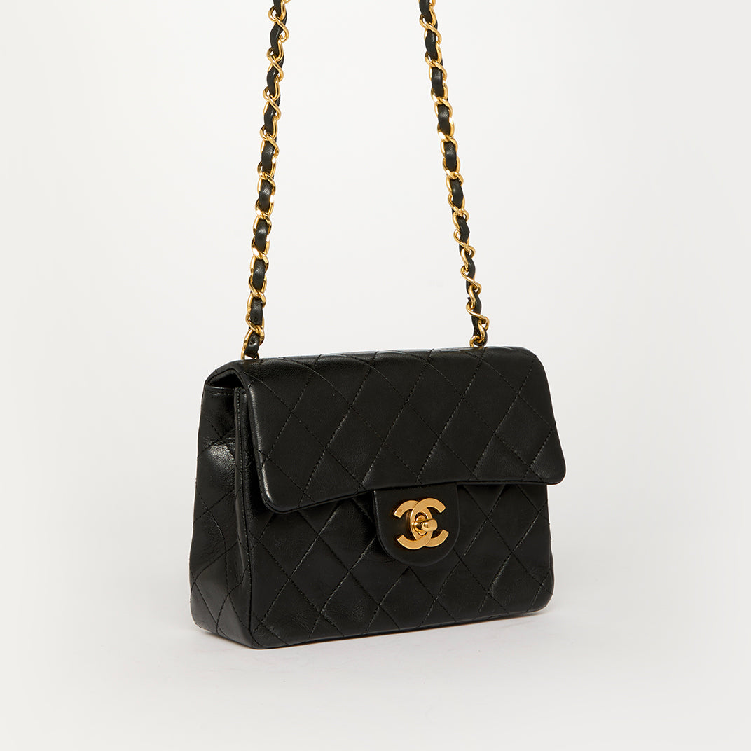 Mini Square Classic Single Flap Shoulder Bag in Black Lambskin