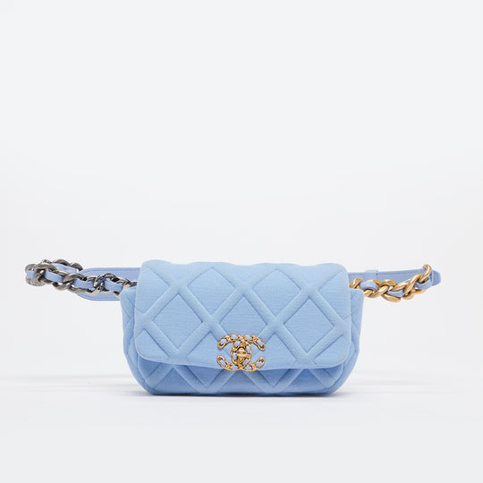 Quilted Belt Bag in Blue Jersey with Gold and Silver Hardware