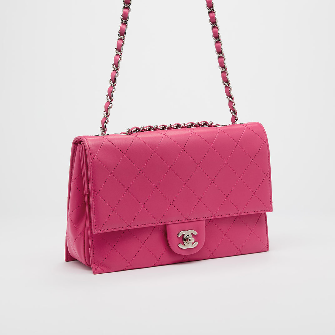 Small Accordion Quilted Single Flap Bag in Hot Pink Calfskin Leather 2014