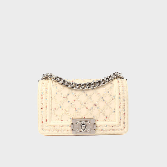 Small Boy Bag in Cream Calfskin Leather with Sequins [ReSale]