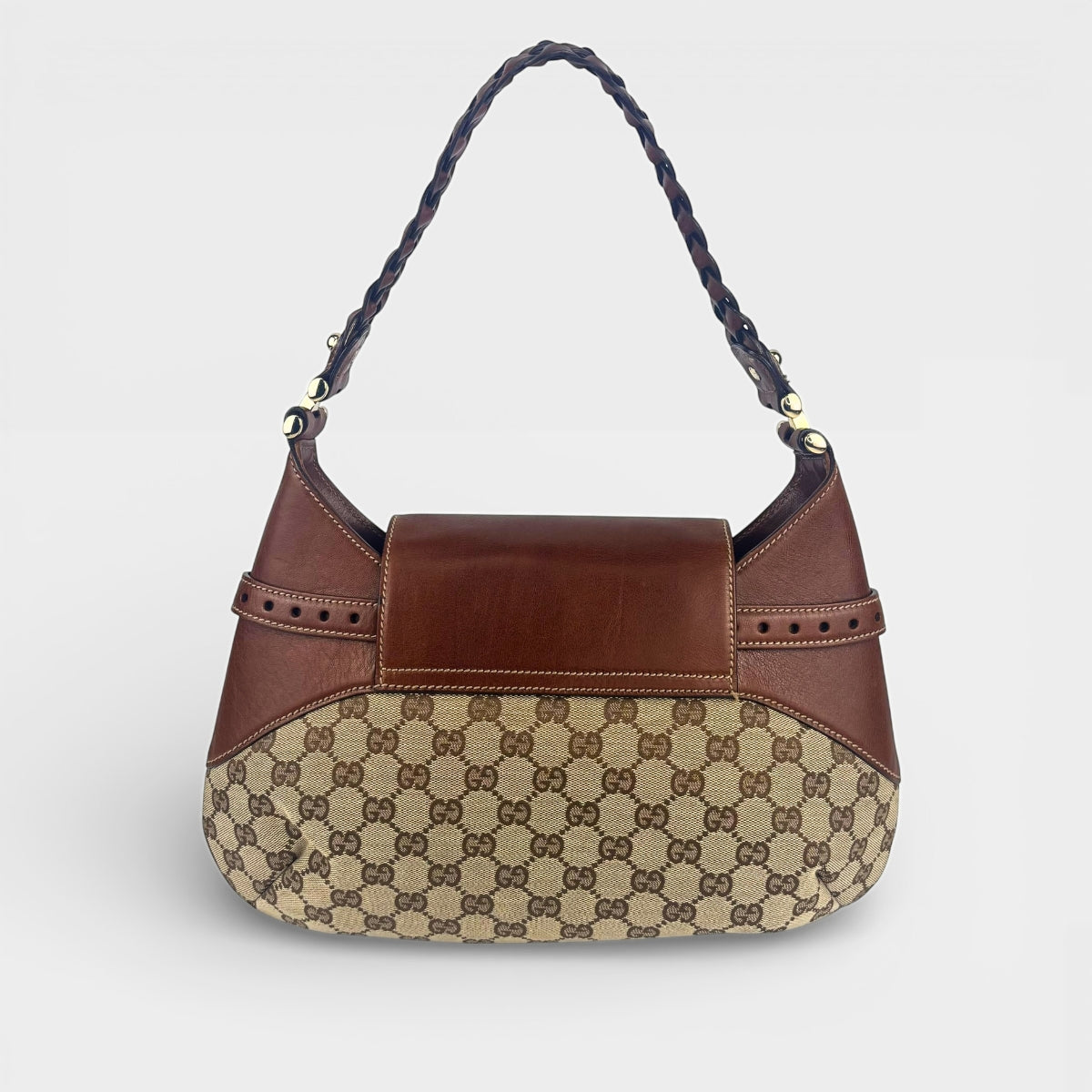 GUCCI Horsebit 1955 GG Supreme Shoulder Bag with Brown Leather 