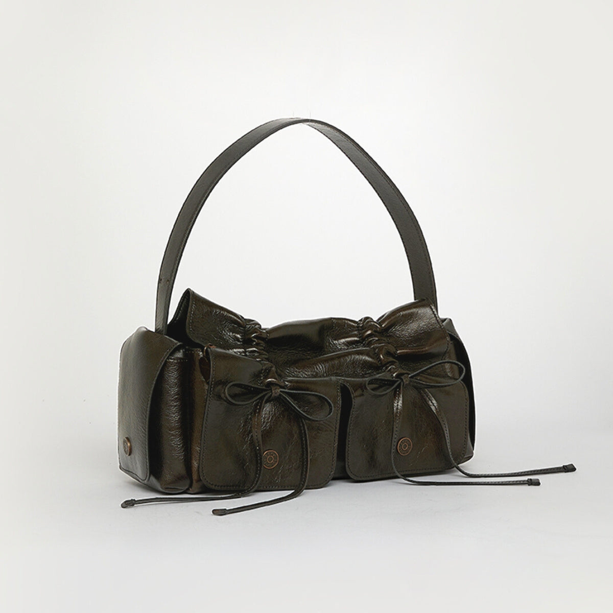 Multi Pocket Bow Bag in Dark Brown with Charms