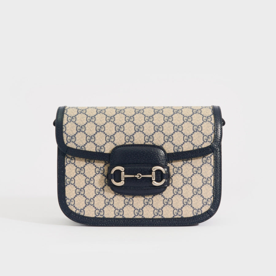 Horsebit 1955 GG Supreme Shoulder Bag with Navy Leather Trim