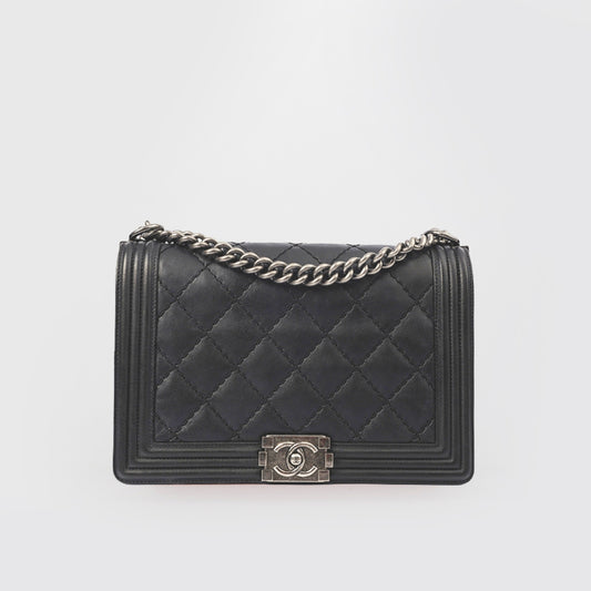 Large Double Stitch Boy Bag in Black Leather