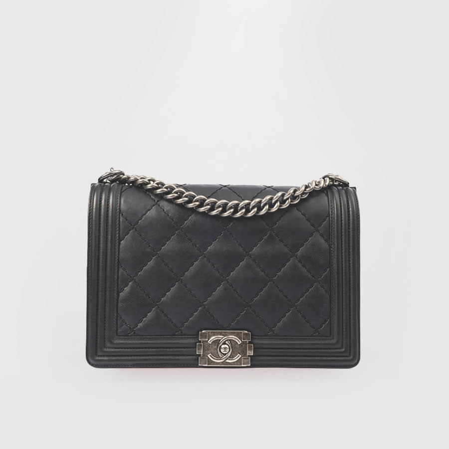 Large Double Stitch Boy Bag in Black Leather