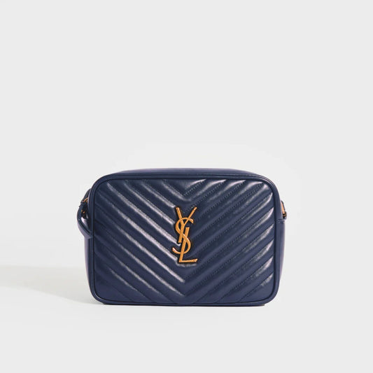 Lou Camera Bag in Navy Leather with Gold Hardware