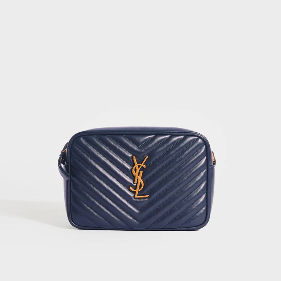 Lou Camera Bag in Navy Leather with Gold Hardware
