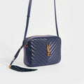 Lou Camera Bag in Navy Leather with Gold Hardware