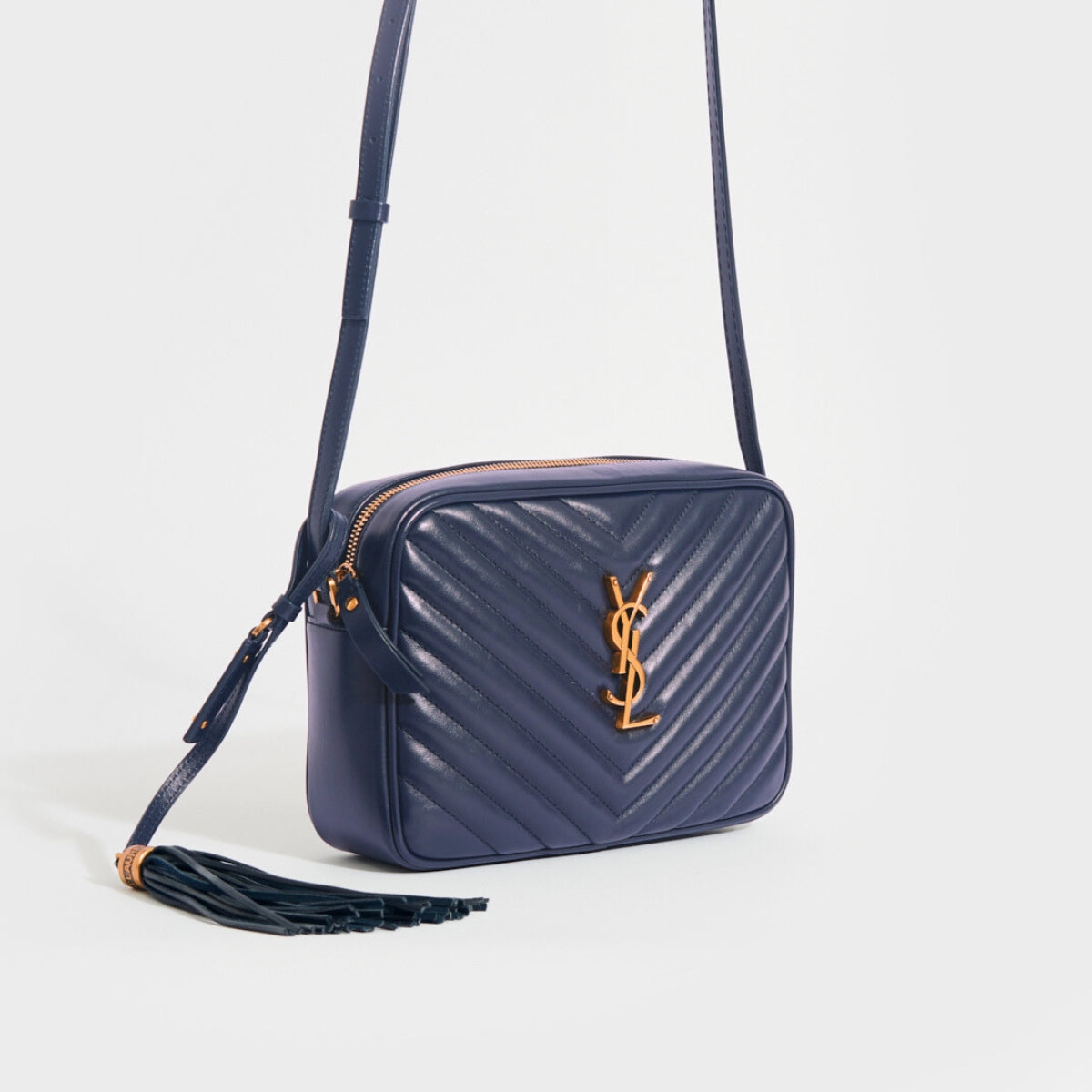 Lou Camera Bag in Navy Leather with Gold Hardware