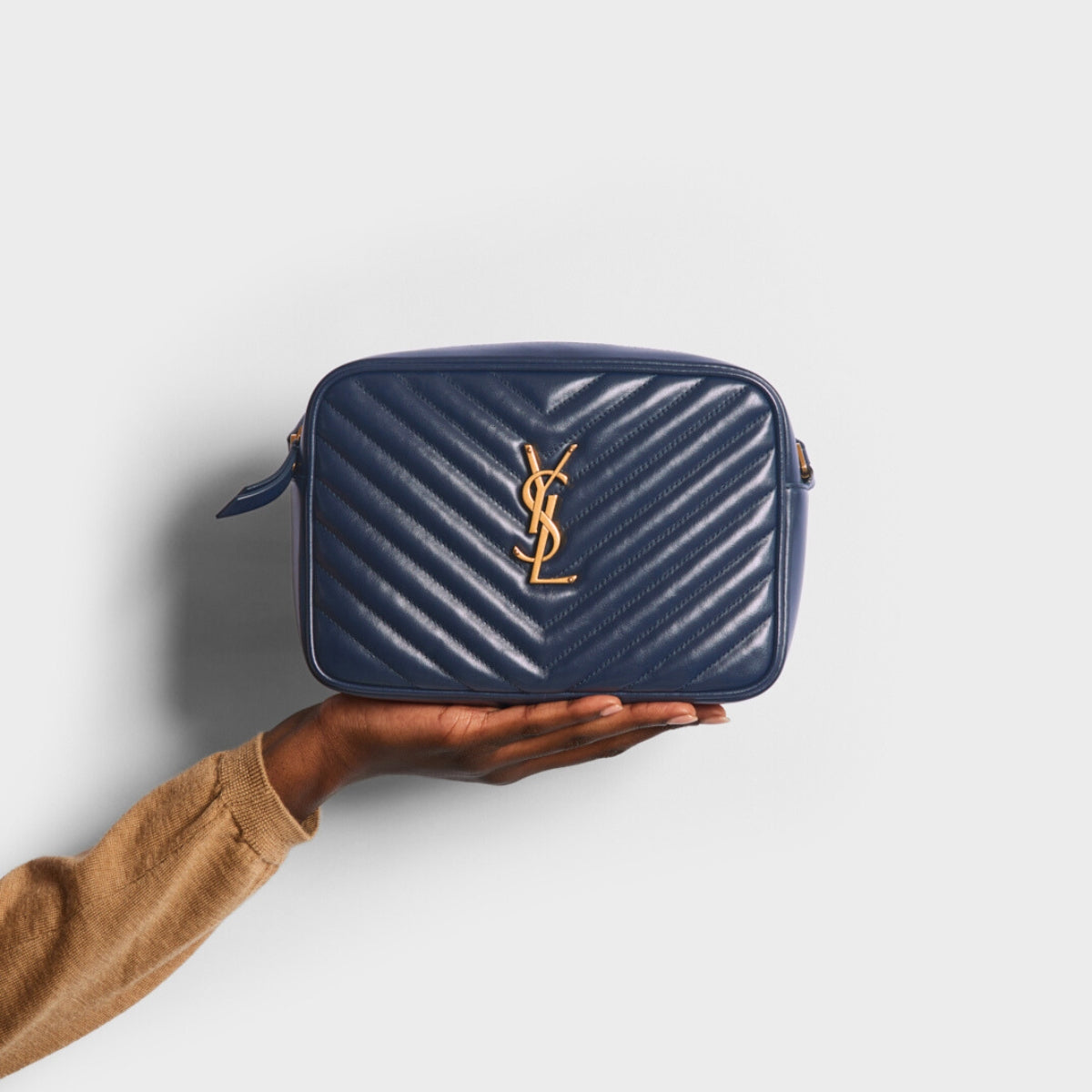 Lou Camera Bag in Navy Leather with Gold Hardware