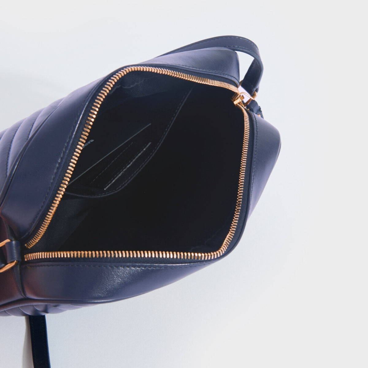 Lou Camera Bag in Navy Leather with Gold Hardware