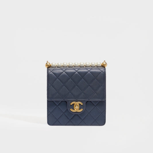 Small Chic Pearls Flap Bag in Navy Leather