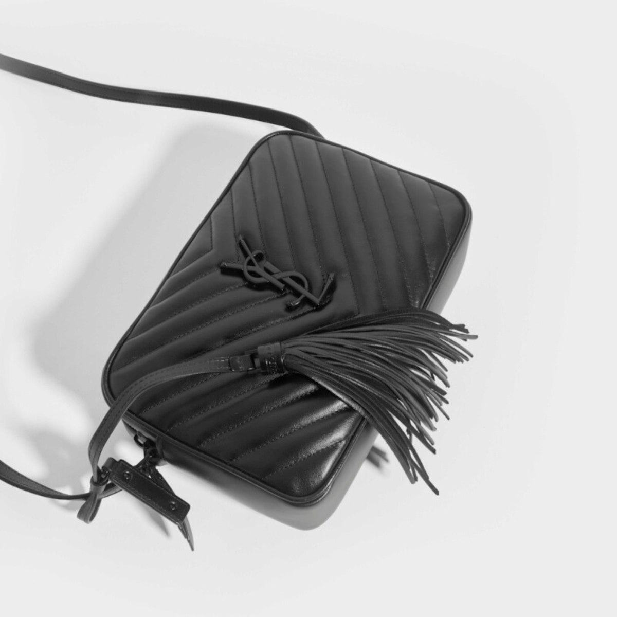 Lou Camera Bag in Black Matelassé Leather with Black Hardware