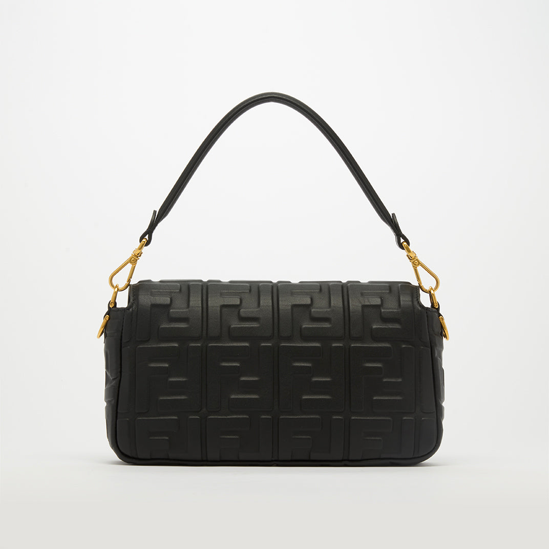 Small Zucca Baguette Bag in Black Embossed Leather