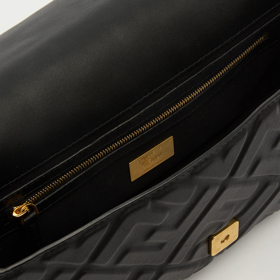Small Zucca Baguette Bag in Black Embossed Leather