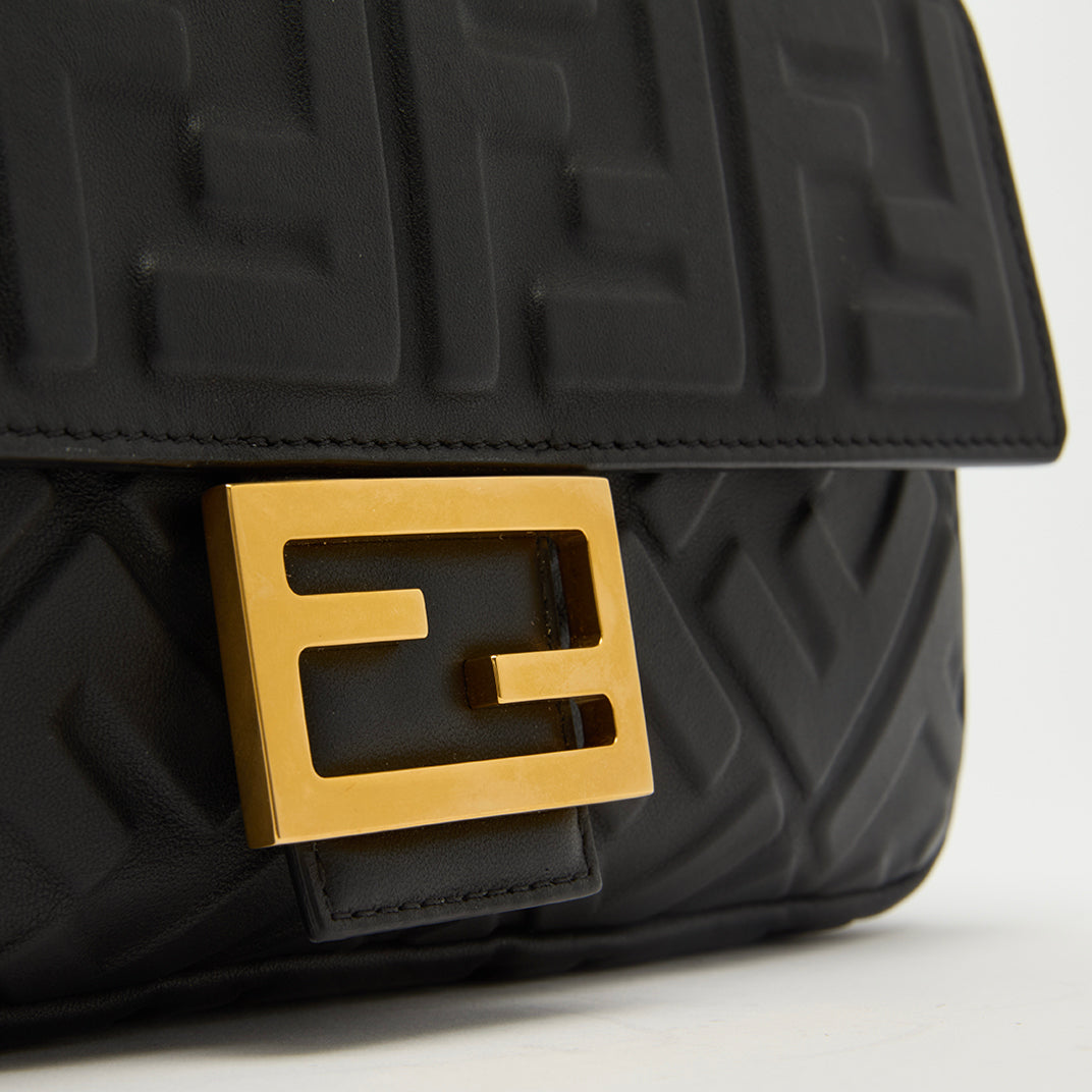 Small Zucca Baguette Bag in Black Embossed Leather