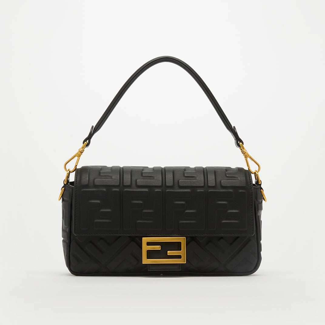 Small Zucca Baguette Bag in Black Embossed Leather