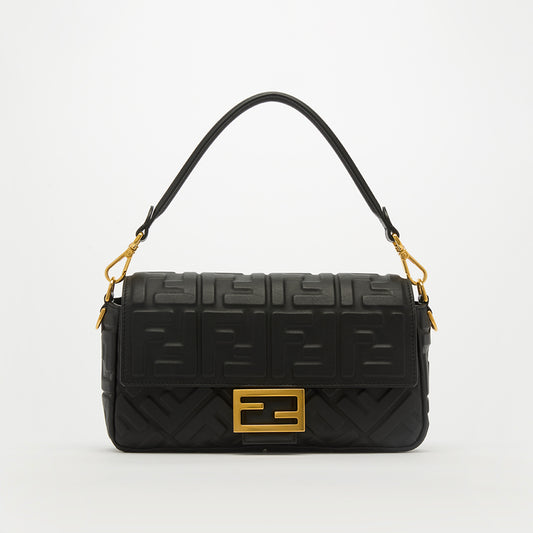Small Zucca Baguette Bag in Black Embossed Leather