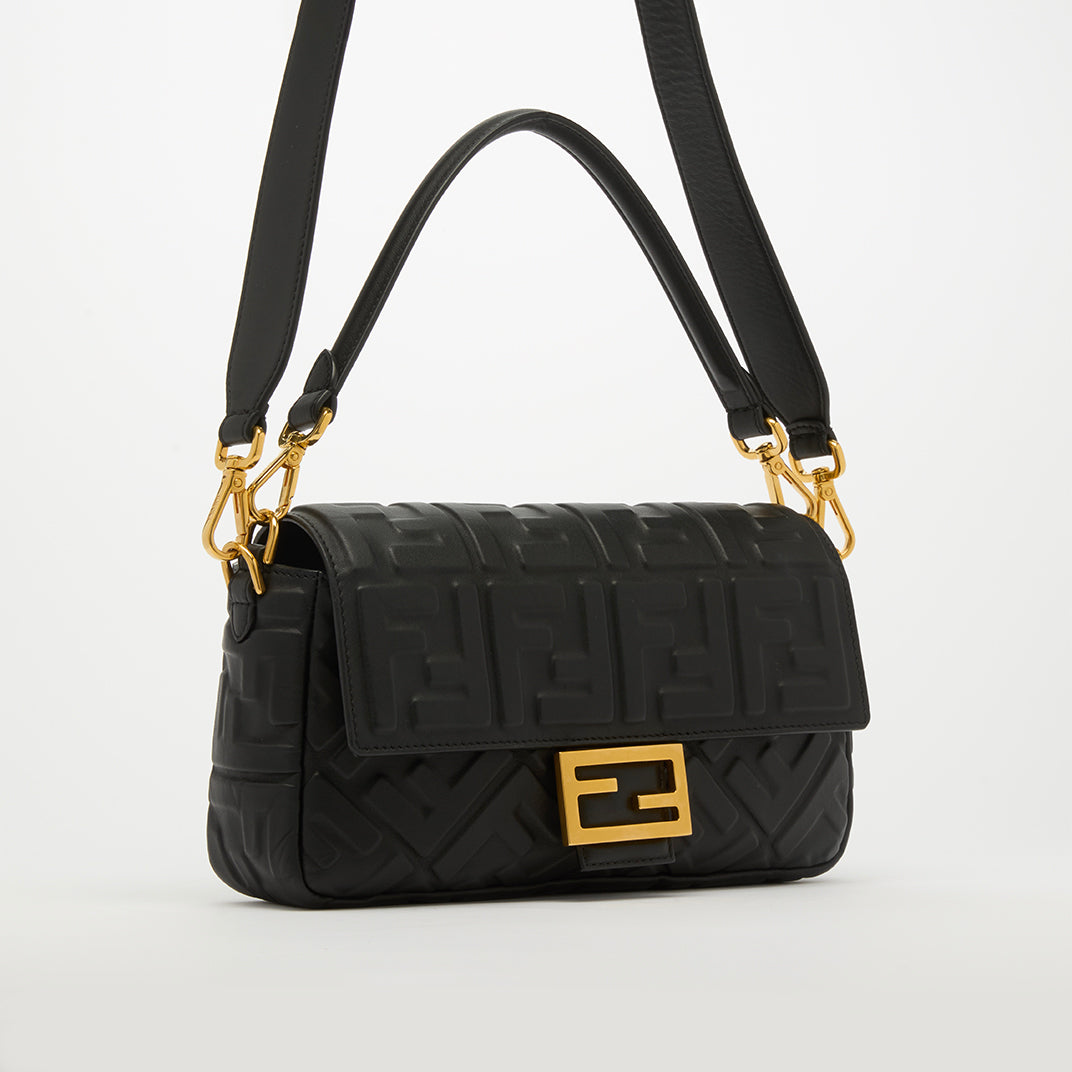 Small Zucca Baguette Bag in Black Embossed Leather