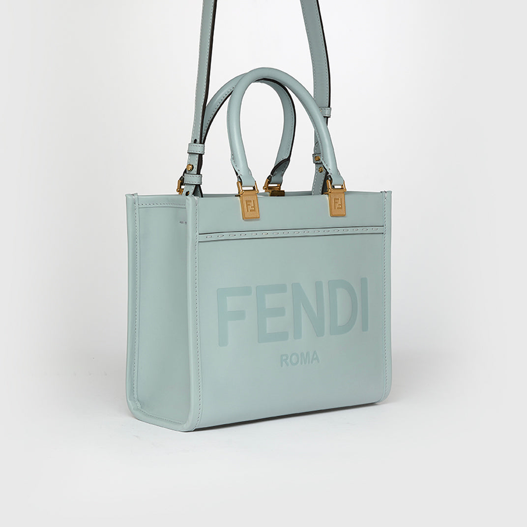 Sunshine Logo-Debossed Small Leather Tote Bag in Blue