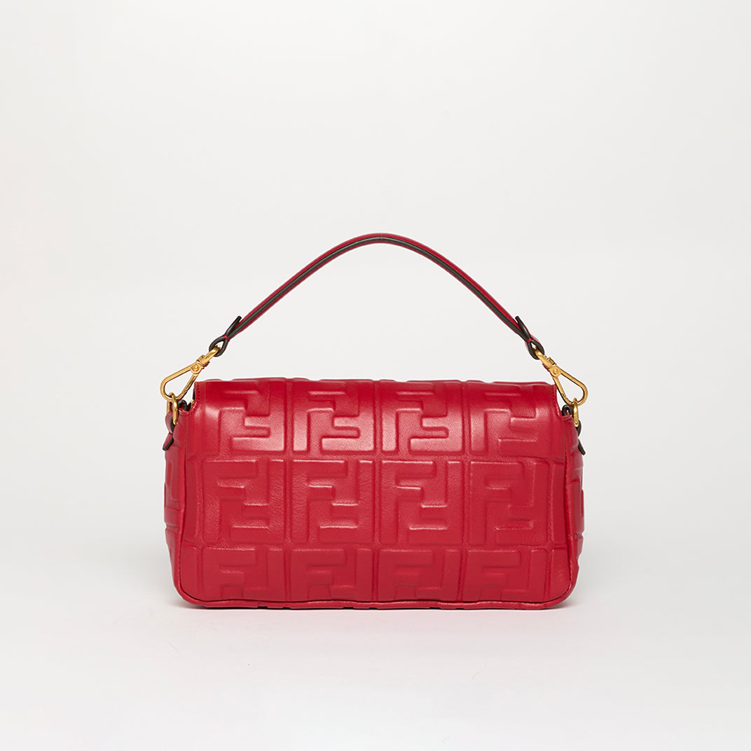 Small Zucca Baguette Bag in Red Embossed Leather